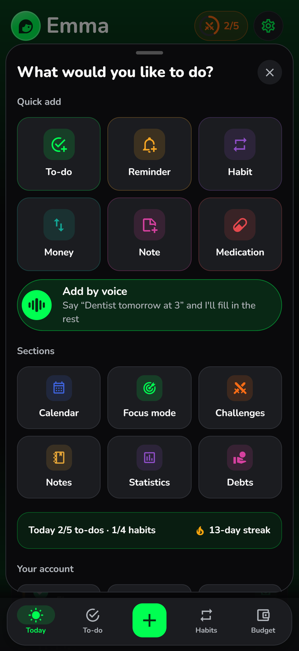 Shortcuts menu